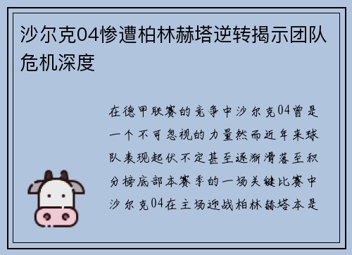 沙尔克04惨遭柏林赫塔逆转揭示团队危机深度