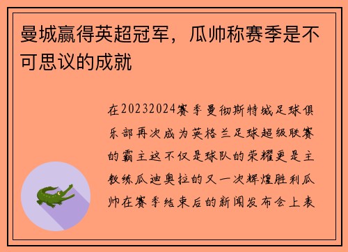 曼城赢得英超冠军，瓜帅称赛季是不可思议的成就