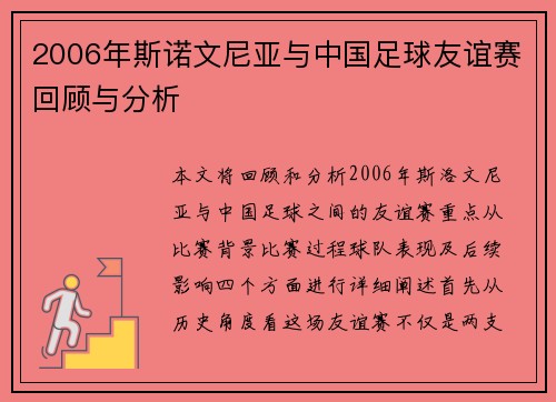 2006年斯诺文尼亚与中国足球友谊赛回顾与分析