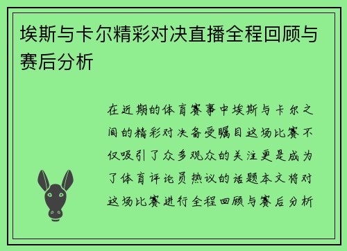 埃斯与卡尔精彩对决直播全程回顾与赛后分析